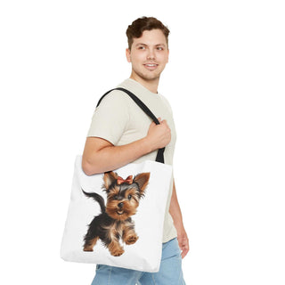 Yorkie puppy tote bag with hand-painted style Yorkshire Terrier and red bow on white background
