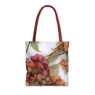 Vintage Peony Tote Bag with watercolor floral design and maroon handles, lightweight polyester fabric