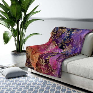 Boho Damask Sherpa Blanket with velvet plush backside and ornate damask print in jewel tones, 50x60 inches