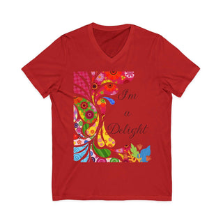 Delight Peacock V-Neck T-Shirt size guide with colorful paisley-inspired front art and lightweight cotton fabric