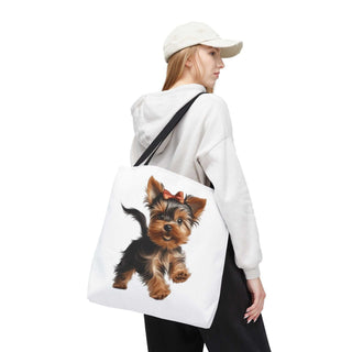 Yorkie puppy tote bag with hand-painted Yorkshire Terrier and red bow on white background