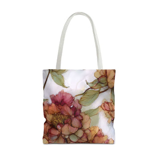 Vintage Peony Tote Bag with watercolor peony floral print in warm rose, apricot, and olive tones, featuring reinforced handles and boxed corners, made of lightweight polyester.