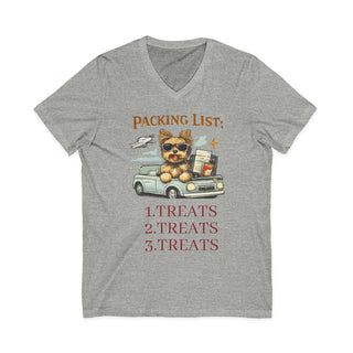 Yorkie Road Trip packing list V-neck tee with retro dog station wagon design