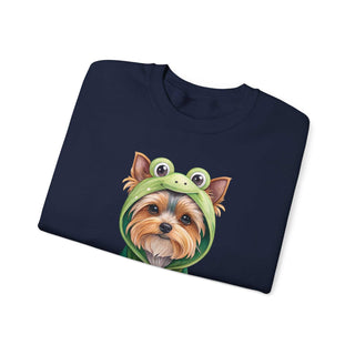Embroidered Yorkie in frog costume on cozy crewneck sweatshirt