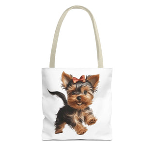 Yorkie puppy tote bag with hand-painted Yorkshire Terrier design and red bow on white background