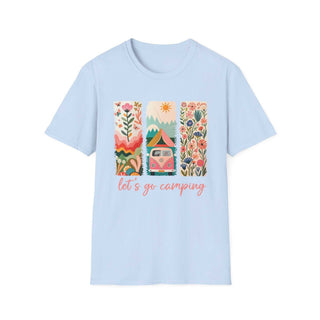 Light blue unisex t-shirt with colorful camping adventure design featuring flowers, mountains, and a camper van with "let's go camping" text.