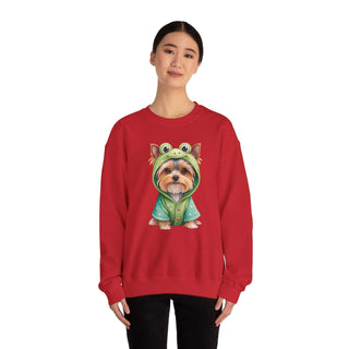 Embroidered Yorkie in frog costume on cozy crewneck sweatshirt