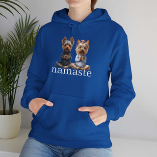 White Yoga Namaste hoodie sweatshirt with Yorkshire Terriers graphic and kangaroo pocket