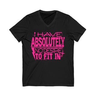 Black V-neck tee with pink "I Have Absolutely No Desire To Fit In" text design, 100% cotton, Bella+Canvas brand