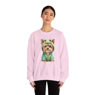 Embroidered Yorkie in frog costume on cozy crewneck sweatshirt