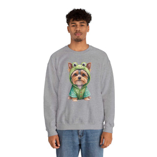 Crewneck sweatshirt with embroidered Yorkie in frog costume design on chest