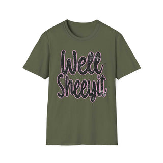 Olive green casual statement tee with "Well Sheeyit!" text graphic, unisex softstyle t-shirt.