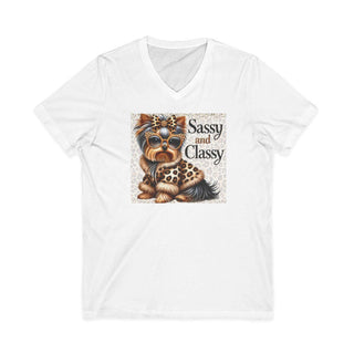 Sassy and classy Yorkie V-neck T-shirt with lightweight fabric and trendy design for dog lovers