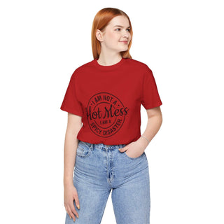 Hot Mess Spicy Disaster lightweight cotton t-shirt with cheeky hand-lettered print and classic crew neck
