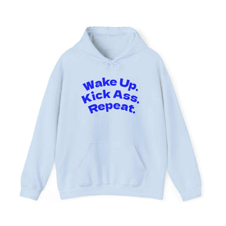 Wake Up Kick Ass Repeat hoodie sweatshirt with kangaroo pocket and double-lined hood