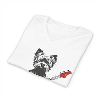 Yorkie Playing Red Guitar V‑Neck T-Shirt