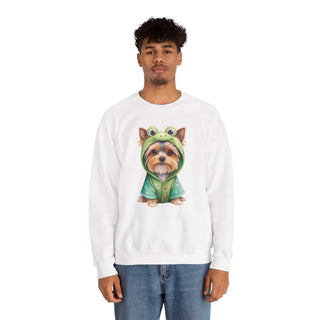 Embroidered Yorkie in frog costume on cozy crewneck sweatshirt
