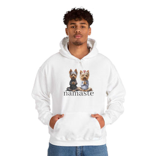 White Yoga Namaste Hoodie with Yorkshire Terrier design and kangaroo pocket
