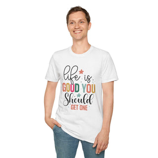 Unisex Softstyle "Life is Good You Should Get One" V-neck T-shirt with size guide and care instructions