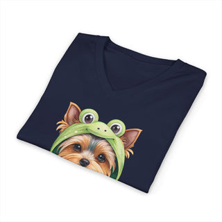 Yorkie in Frog Hoodie V-Neck T-Shirt