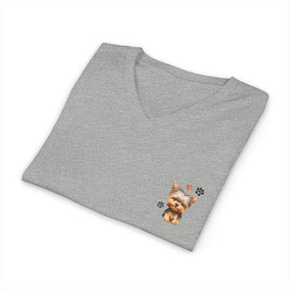 Yorkie On My Heart V-neck T-shirt with small watercolor puppy print near heart