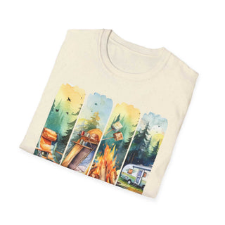 Folded unisex cream t-shirt with colorful camping adventure design featuring tent, campfire, and camper trailer.