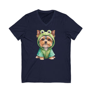 Yorkie in Frog Hoodie V-Neck T-Shirt
