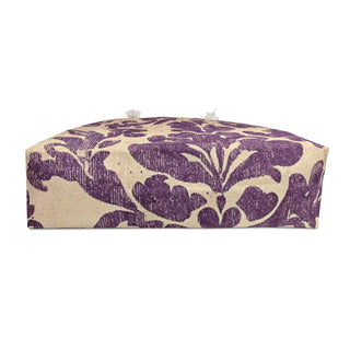 Elegant Damask Weekender Bag with purple damask pattern, cotton rope handles, and spacious design for travel and casual use