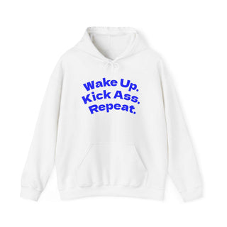 Wake Up Kick Ass Repeat hoodie sweatshirt with kangaroo pocket and double-lined hood