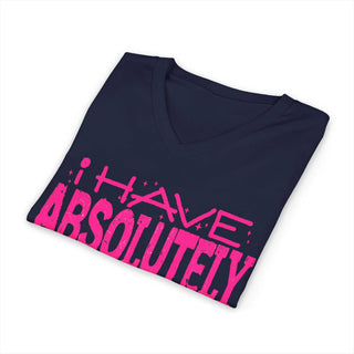 folded navy blue V-neck tee with pink "I Have Absolutely No Desire To Fit In" text graphic