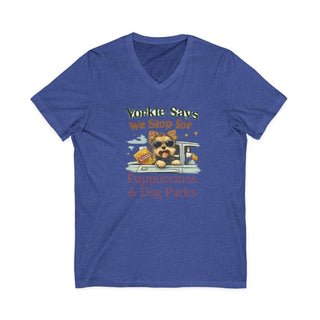 Yorkie Says We Stop for Puppuccinos & Dog Parks V-neck tee with cheerful Yorkie graphic
