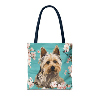 Yorkshire Beach Blue Yorkie Floral Tote Bag