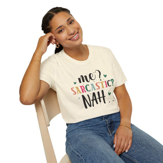 Unisex Me Sarcastic? humorous t-shirt in soft 100% cotton with size chart and care instructions