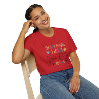 Unisex I'm Not Bossy V-neck t-shirt in white with empowering slogan and ribbed collar design