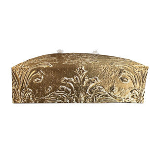Gold Damask Weekender Bag with antique-gold damask print and cream rope handles, 24x13 inches, durable polyester exterior and soft-lined interior
