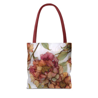Vintage Peony Tote Bag with watercolor floral design and rose handles