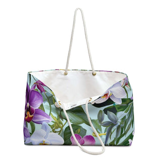 Floral Orchid Weekender Bag with cotton rope handles and spacious 24x13 inch design