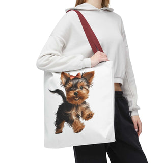 Yorkie puppy tote bag with hand-painted Yorkshire Terrier and red bow on white background