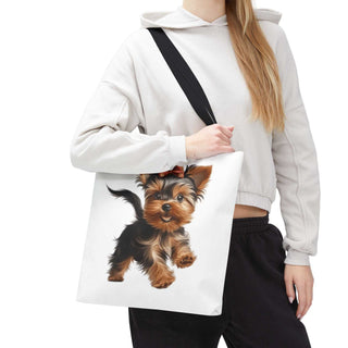 Yorkie puppy tote bag with hand-painted Yorkshire Terrier and red bow on white background