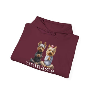 Yoga Namaste Hoodie with Yorkshire Terriers graphic and kangaroo pocket
