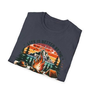 Dark gray unisex t-shirt with a colorful campfire and mountain design and the text "Life is better by the campfire"