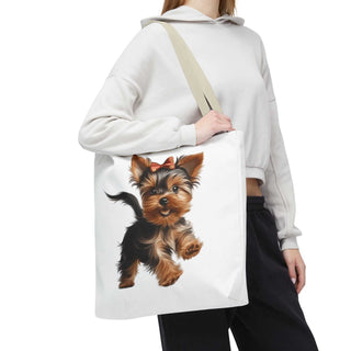 Yorkie puppy tote bag with hand-painted style Yorkshire Terrier and red bow on white background