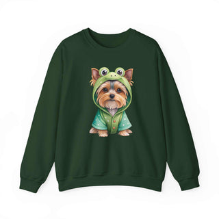 Embroidered Yorkie in frog costume on cozy crewneck sweatshirt