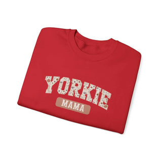 Cozy Yorkie Mom crewneck sweatshirt with embroidered detail and durable cotton-poly blend