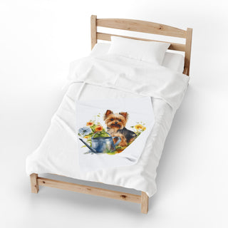 Yorkshire Terrier Floral Velveteen Plush Blanket