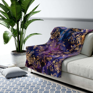 Luxurious gold damask sherpa blanket with plush fleece and velvety sherpa reverse, 50x60 inches