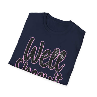 Navy casual statement tee with "Well Sheeyit!" distressed text design, soft unisex style for comfort and everyday wear