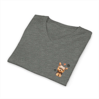 Yorkie On My Heart V-neck t-shirt with small watercolor puppy print near heart, breathable cotton, and ribbed neckline.