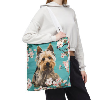 Yorkshire Beach Blue Yorkie Floral Tote Bag