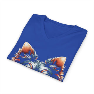 Patriotic Yorkie V-neck T-shirt with stars and stripes design on lightweight cotton fabric